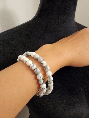 2-Piece Black & White Marble Stretch Bracelet Set